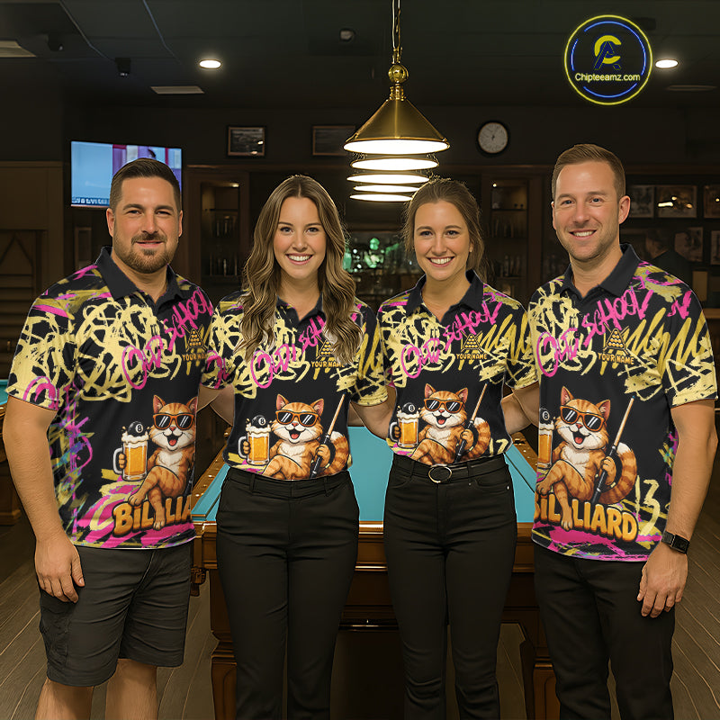 Custom Name Billiard Shirt For Men Retro Graffiti Cat & Beer 8 Ball Pool Jersey, Funny Billiard Gifts NYN4342