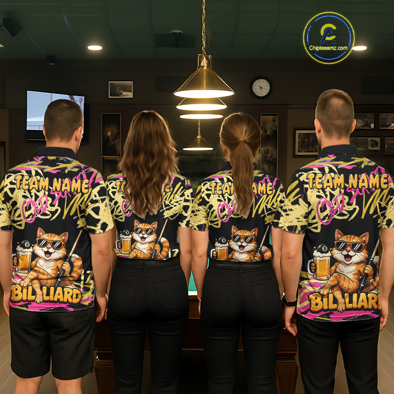 Custom Name Billiard Shirt For Men Retro Graffiti Cat & Beer 8 Ball Pool Jersey, Funny Billiard Gifts NYN4342