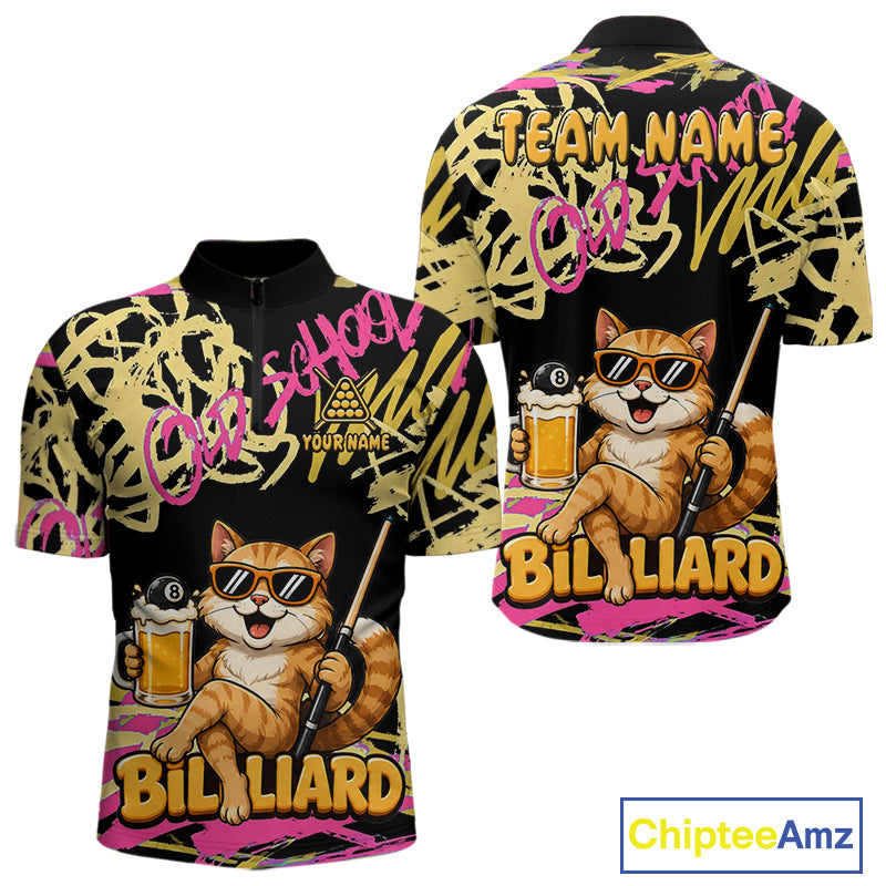 Custom Name Billiard Shirt For Men Retro Graffiti Cat & Beer 8 Ball Pool Jersey, Funny Billiard Gifts NYN4342