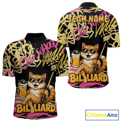 Custom Name Billiard Shirt For Men Retro Graffiti Cat & Beer 8 Ball Pool Jersey, Funny Billiard Gifts NYN4342