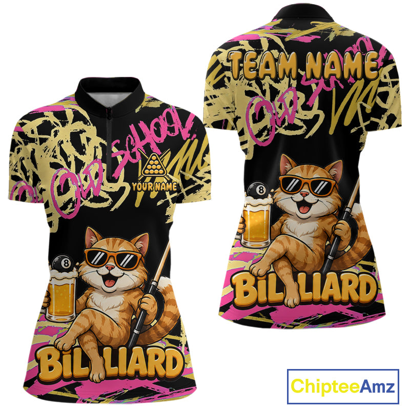 Custom Name Billiard Shirt For Women Retro Graffiti Cat & Beer 8 Ball Pool Jersey, Funny Billiard Gifts NYN4342