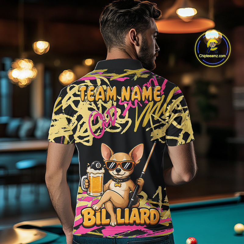 Custom Name Billiard Shirt For Men Retro Graffiti Dog & Beer 8 Ball Pool Jersey, Funny Billiard Gifts NYN4343