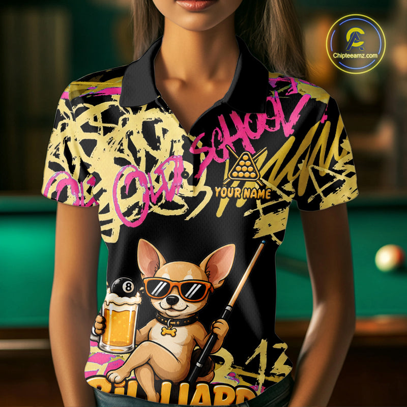 Custom Name Billiard Shirt For Women Retro Graffiti Dog & Beer 8 Ball Pool Jersey, Funny Billiard Gifts NYN4343