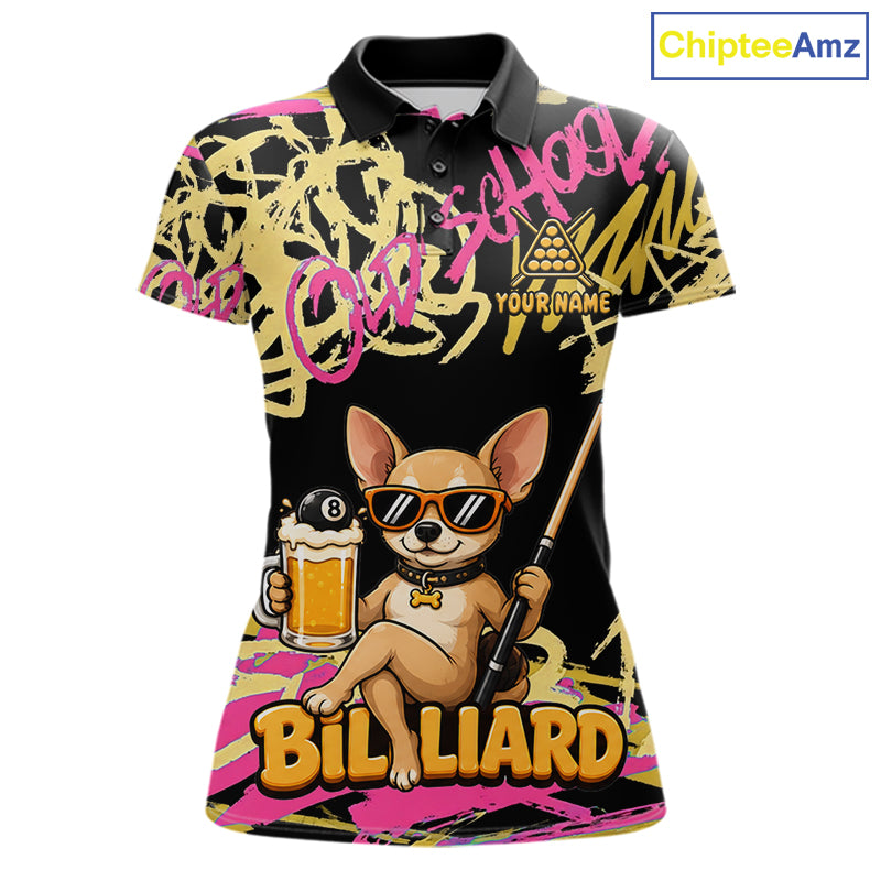 Custom Name Billiard Shirt For Women Retro Graffiti Dog & Beer 8 Ball Pool Jersey, Funny Billiard Gifts NYN4343