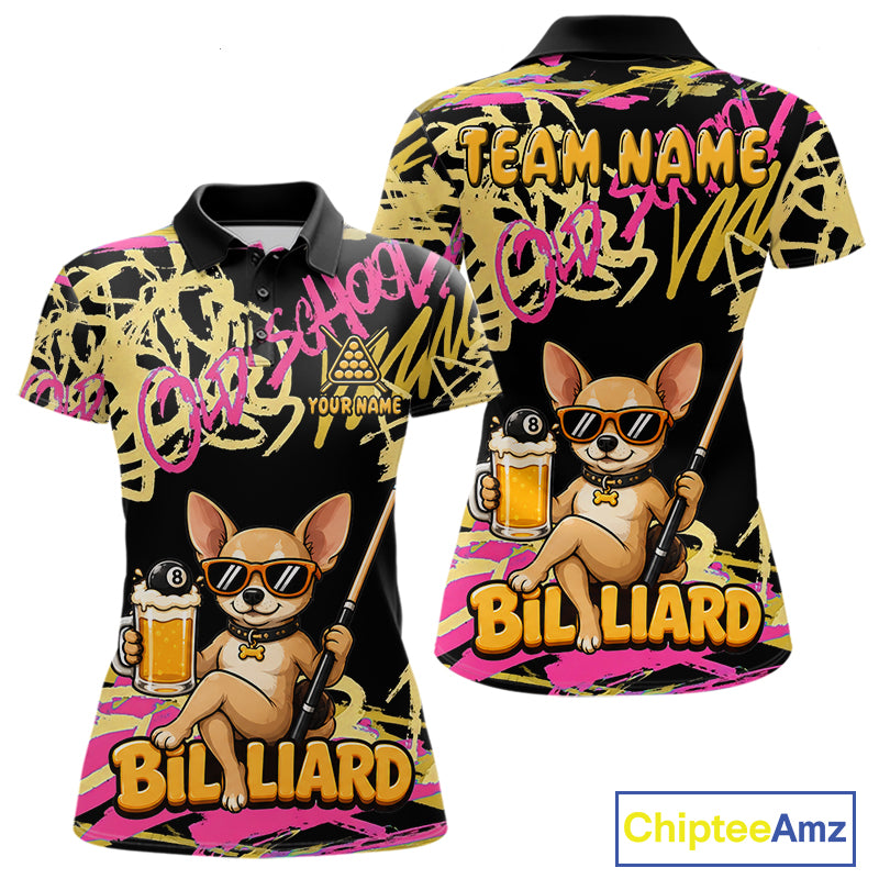 Custom Name Billiard Shirt For Women Retro Graffiti Dog & Beer 8 Ball Pool Jersey, Funny Billiard Gifts NYN4343