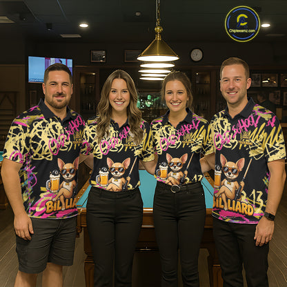 Custom Name Billiard Shirt For Men Retro Graffiti Dog & Beer 8 Ball Pool Jersey, Funny Billiard Gifts NYN4343