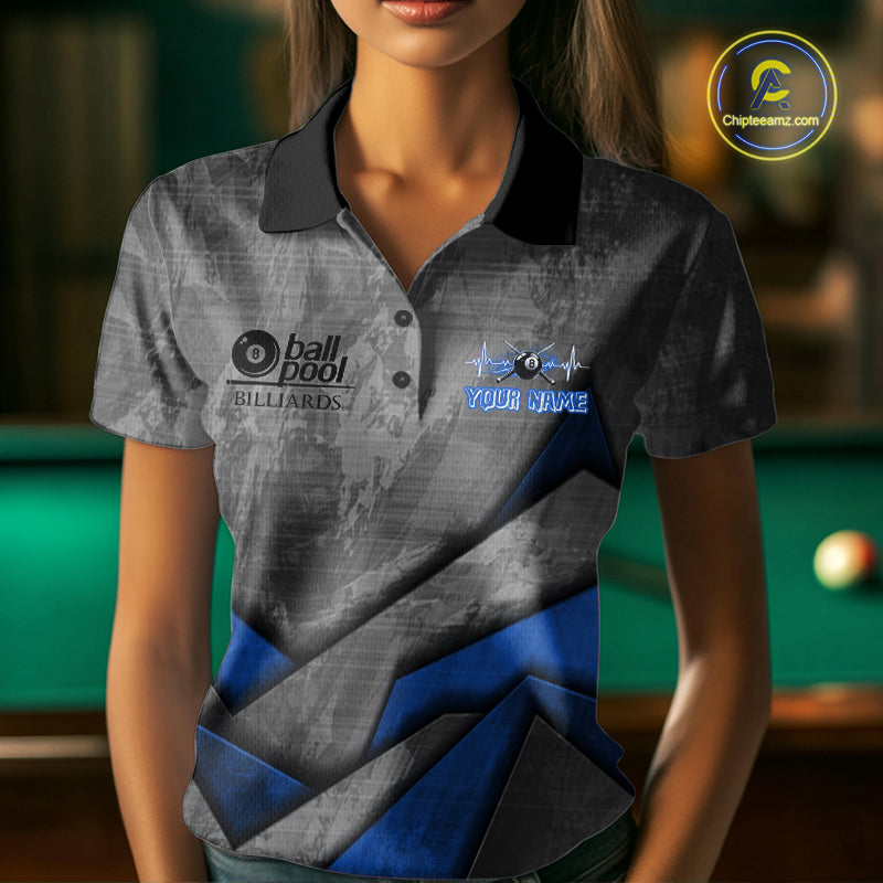 8 Ball Pool Billiard Polo & 1/4-Zip Shirt For Women Custom Lightning Blue 8 Ball Billiard Team Attire NYN4689