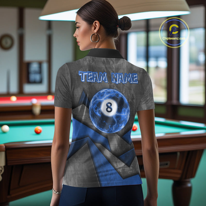 8 Ball Pool Billiard Polo & 1/4-Zip Shirt For Women Custom Lightning Blue 8 Ball Billiard Team Attire NYN4689