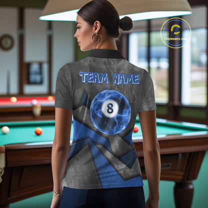 8 Ball Pool Billiard Polo & 1/4-Zip Shirt For Women Custom Lightning Blue 8 Ball Billiard Team Attire NYN4689
