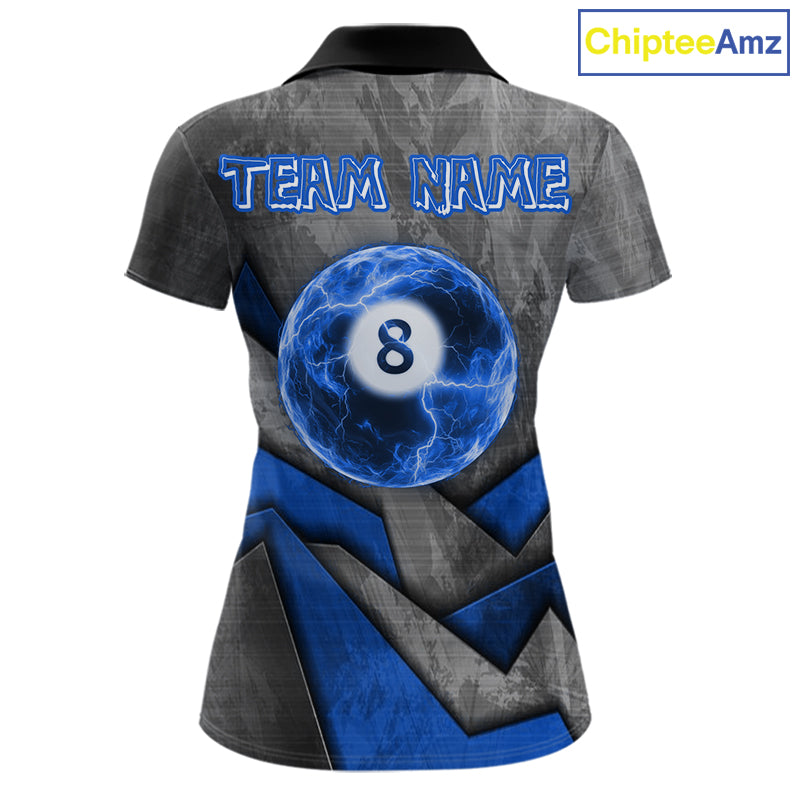 8 Ball Pool Billiard Polo & 1/4-Zip Shirt For Women Custom Lightning Blue 8 Ball Billiard Team Attire NYN4689