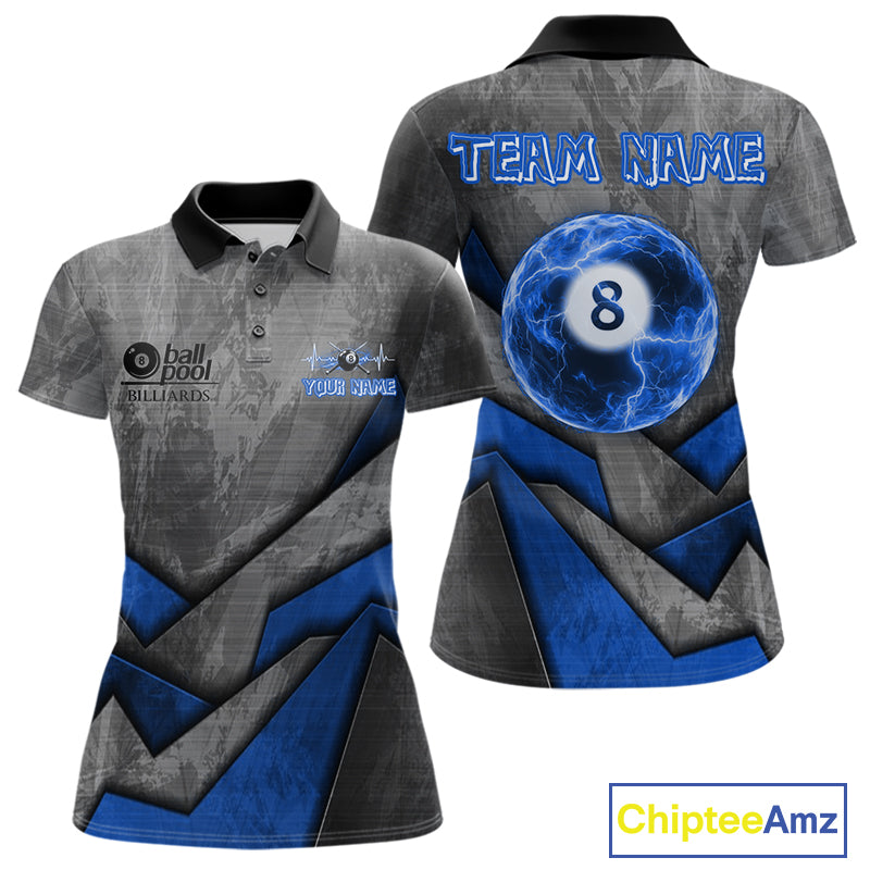 8 Ball Pool Billiard Polo & 1/4-Zip Shirt For Women Custom Lightning Blue 8 Ball Billiard Team Attire NYN4689