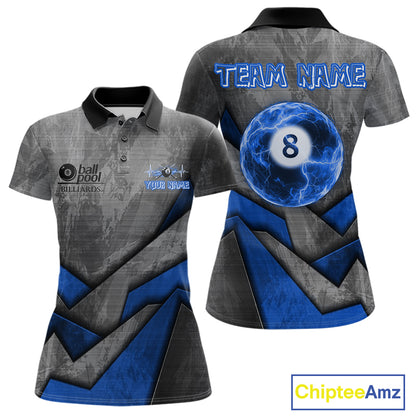 8 Ball Pool Billiard Polo & 1/4-Zip Shirt For Women Custom Lightning Blue 8 Ball Billiard Team Attire NYN4689