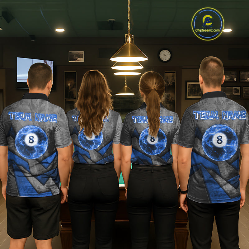 8 Ball Pool Billiard Polo & 1/4-Zip Shirt For Men Custom Lightning Blue 8 Ball Billiard Team Attire NYN4689