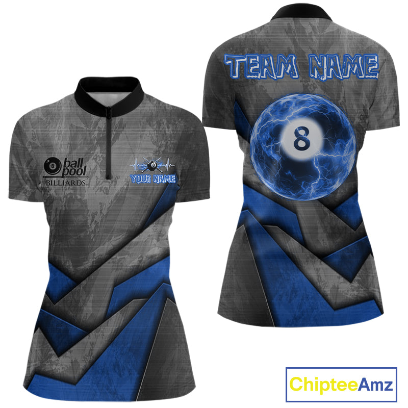 8 Ball Pool Billiard Polo & 1/4-Zip Shirt For Women Custom Lightning Blue 8 Ball Billiard Team Attire NYN4689