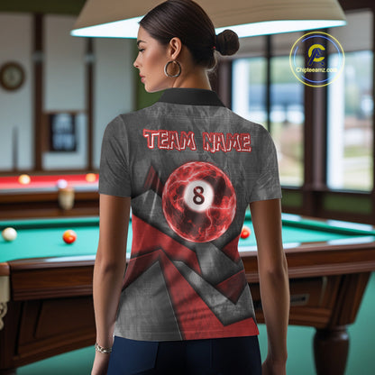 8 Ball Pool Billiard Polo & 1/4-Zip Shirt For Women Custom Lightning Red 8 Ball Billiard Team Attire NYN4690