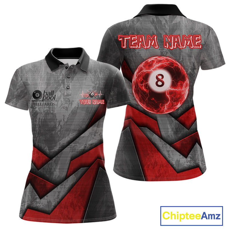 8 Ball Pool Billiard Polo & 1/4-Zip Shirt For Women Custom Lightning Red 8 Ball Billiard Team Attire NYN4690