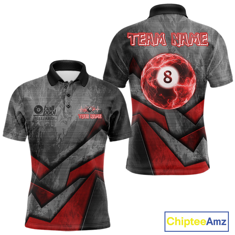 8 Ball Pool Billiard Polo & 1/4-Zip Shirt For Men Custom Lightning Red 8 Ball Billiard Team Attire NYN4690