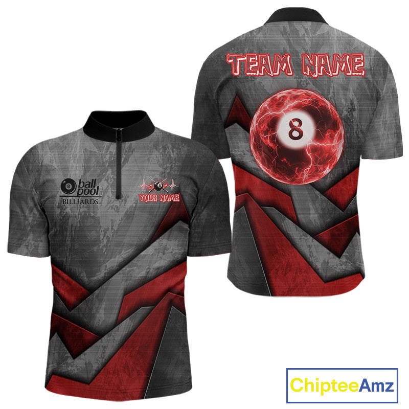8 Ball Pool Billiard Polo & 1/4-Zip Shirt For Men Custom Lightning Red 8 Ball Billiard Team Attire NYN4690