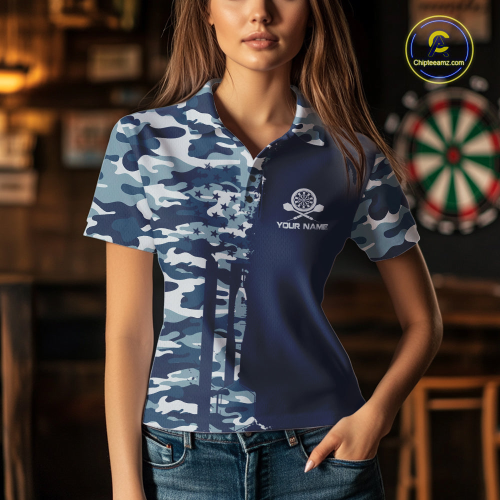 Navy Blue Camo Dart Team Shirt For Women Personalized Patriot Dartboard US Flag Team Dart Jersey NYN4691
