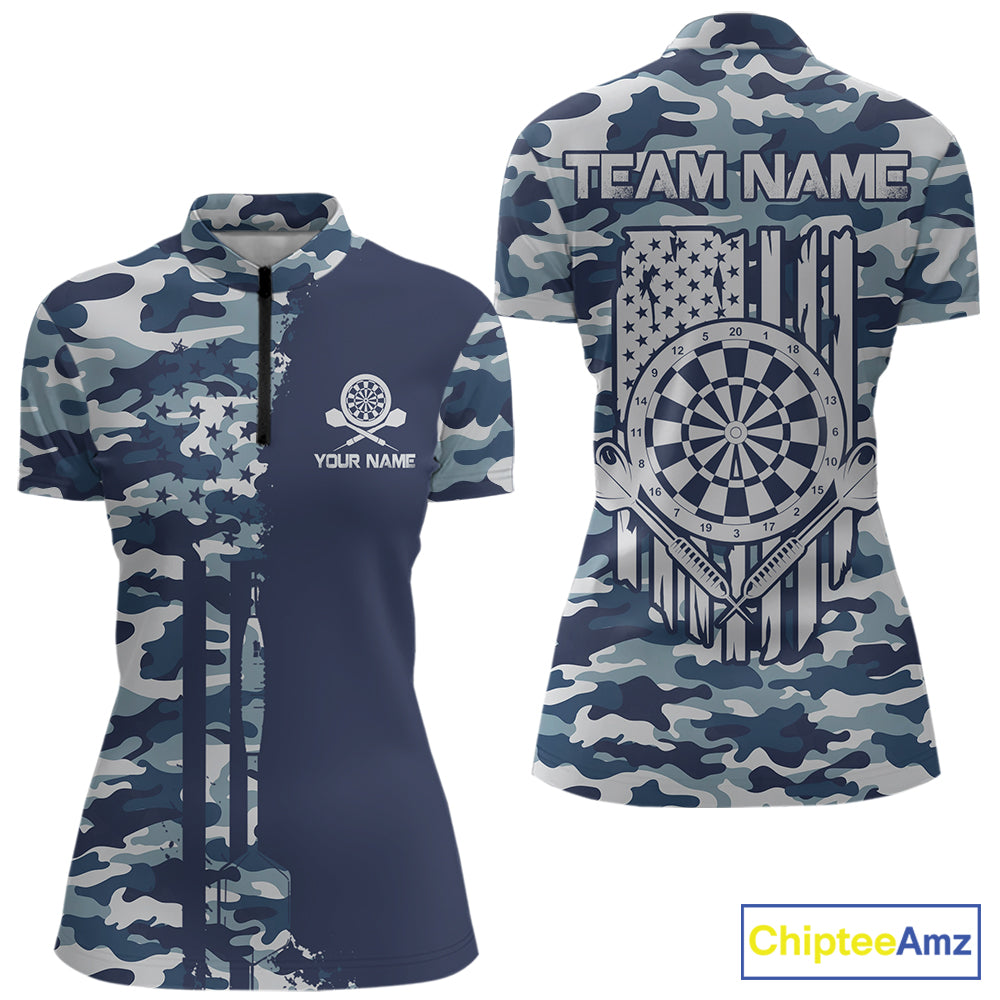 Navy Blue Camo Dart Team Shirt For Women Personalized Patriot Dartboard US Flag Team Dart Jersey NYN4691