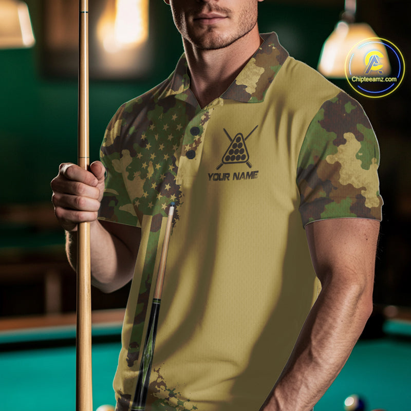 Green & Beige Camo Billiard Team Shirt For Men Custom Patriot US Flag Pool Team Billiard Jersey NYN4692