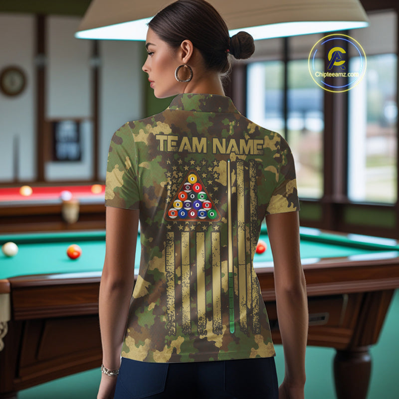 Green & Beige Camo Billiard Team Shirt For Women Custom Patriot US Flag Pool Team Billiard Jersey NYN4692