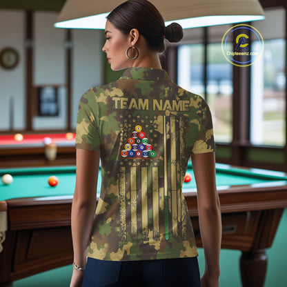 Green & Beige Camo Billiard Team Shirt For Women Custom Patriot US Flag Pool Team Billiard Jersey NYN4692