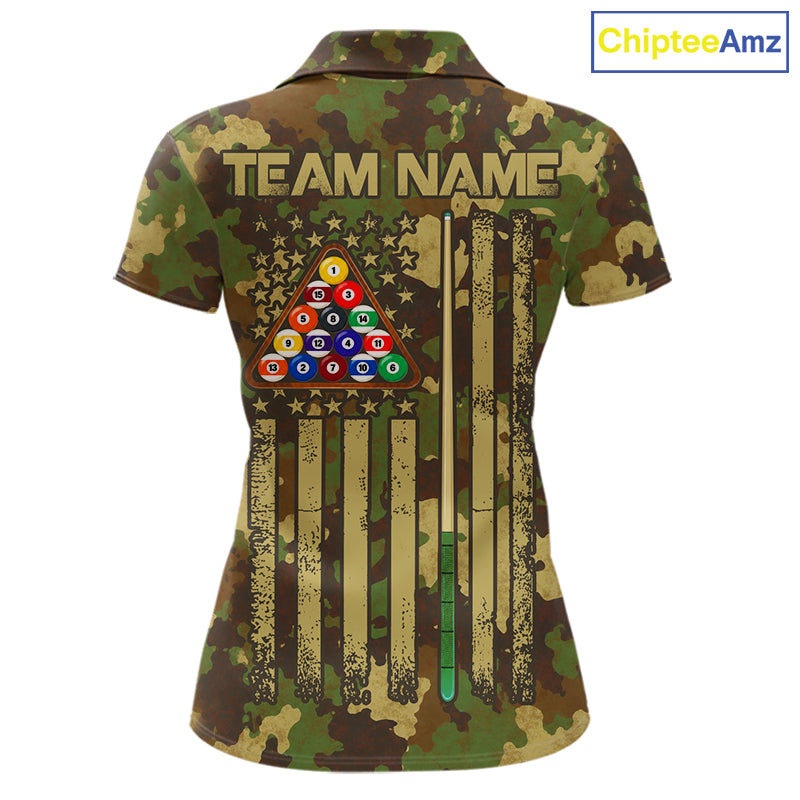 Green & Beige Camo Billiard Team Shirt For Women Custom Patriot US Flag Pool Team Billiard Jersey NYN4692