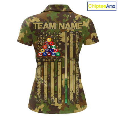 Green & Beige Camo Billiard Team Shirt For Women Custom Patriot US Flag Pool Team Billiard Jersey NYN4692