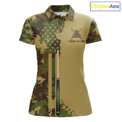 Green & Beige Camo Billiard Team Shirt For Women Custom Patriot US Flag Pool Team Billiard Jersey NYN4692