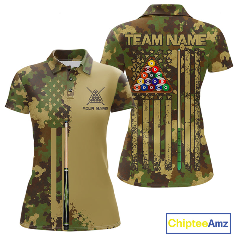 Green & Beige Camo Billiard Team Shirt For Women Custom Patriot US Flag Pool Team Billiard Jersey NYN4692