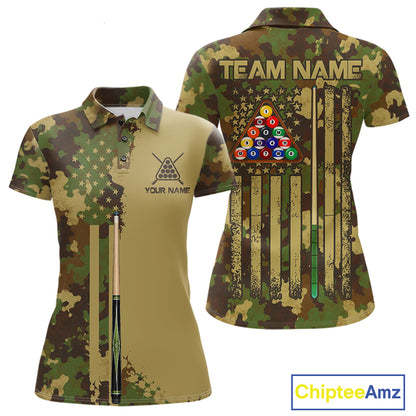 Green & Beige Camo Billiard Team Shirt For Women Custom Patriot US Flag Pool Team Billiard Jersey NYN4692