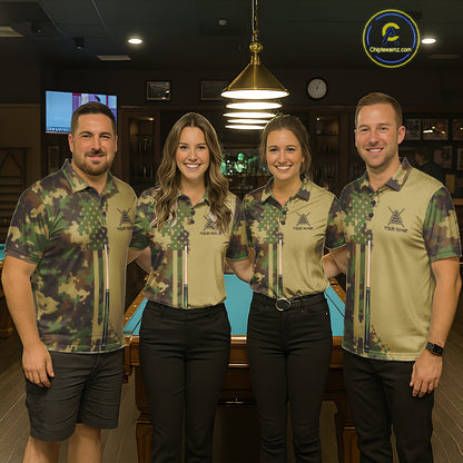 Green & Beige Camo Billiard Team Shirt For Women Custom Patriot US Flag Pool Team Billiard Jersey NYN4692