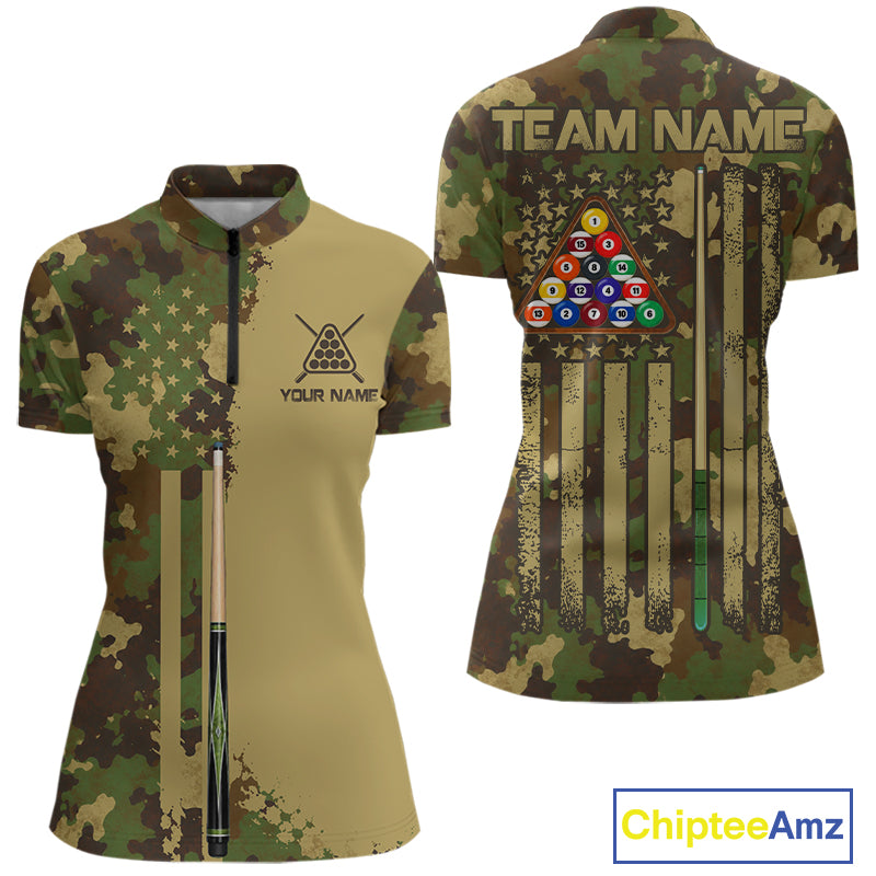 Green & Beige Camo Billiard Team Shirt For Women Custom Patriot US Flag Pool Team Billiard Jersey NYN4692