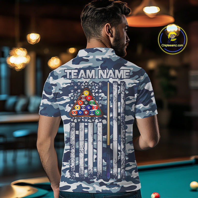 Navy Blue Camo Billiard Team Shirt For Men Custom Patriot US Flag Pool Team Billiard Jersey NYN4693