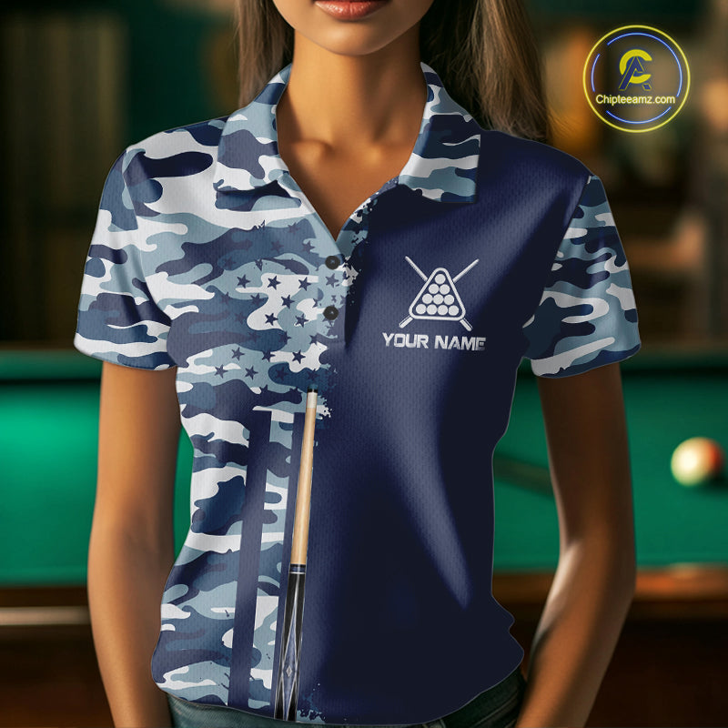 Navy Blue Camo Billiard Team Shirt For Women Custom Patriot US Flag Pool Team Billiard Jersey NYN4693