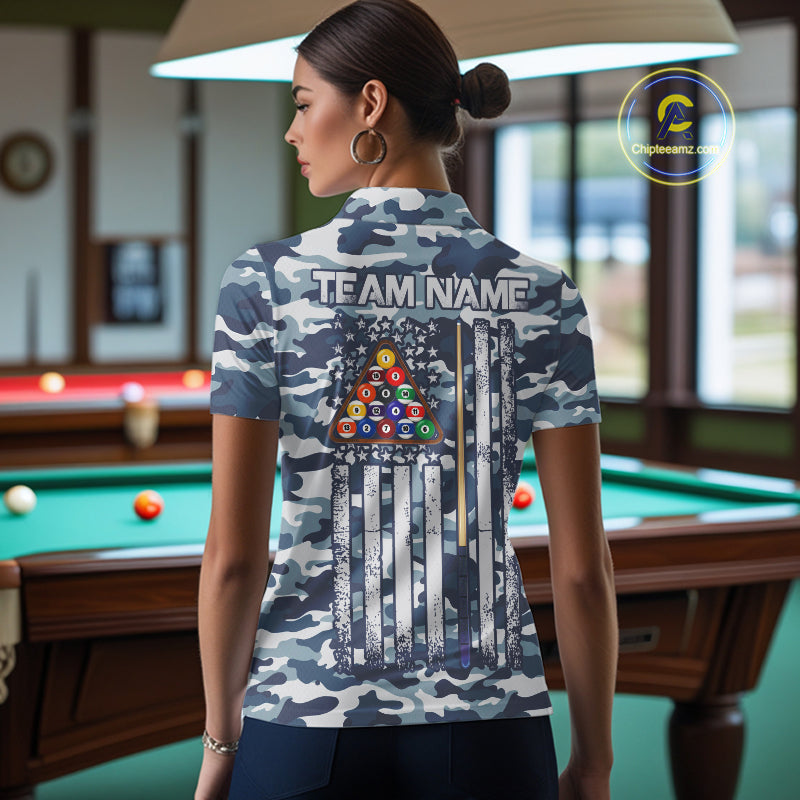 Navy Blue Camo Billiard Team Shirt For Women Custom Patriot US Flag Pool Team Billiard Jersey NYN4693