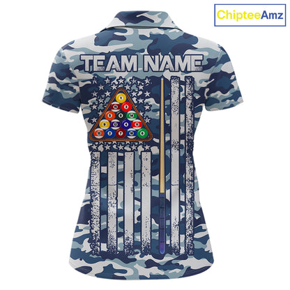 Navy Blue Camo Billiard Team Shirt For Women Custom Patriot US Flag Pool Team Billiard Jersey NYN4693