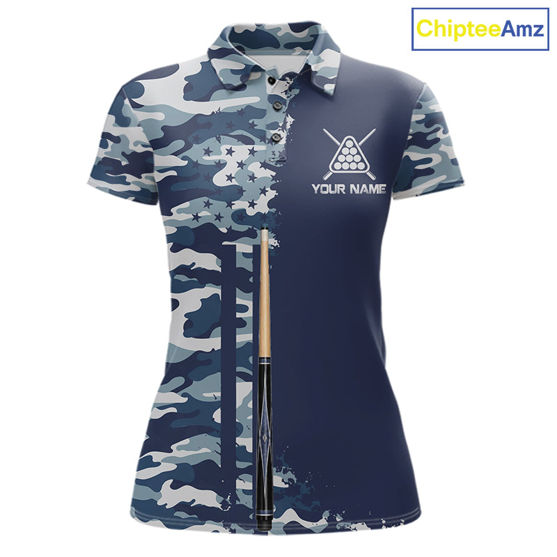 Navy Blue Camo Billiard Team Shirt For Women Custom Patriot US Flag Pool Team Billiard Jersey NYN4693