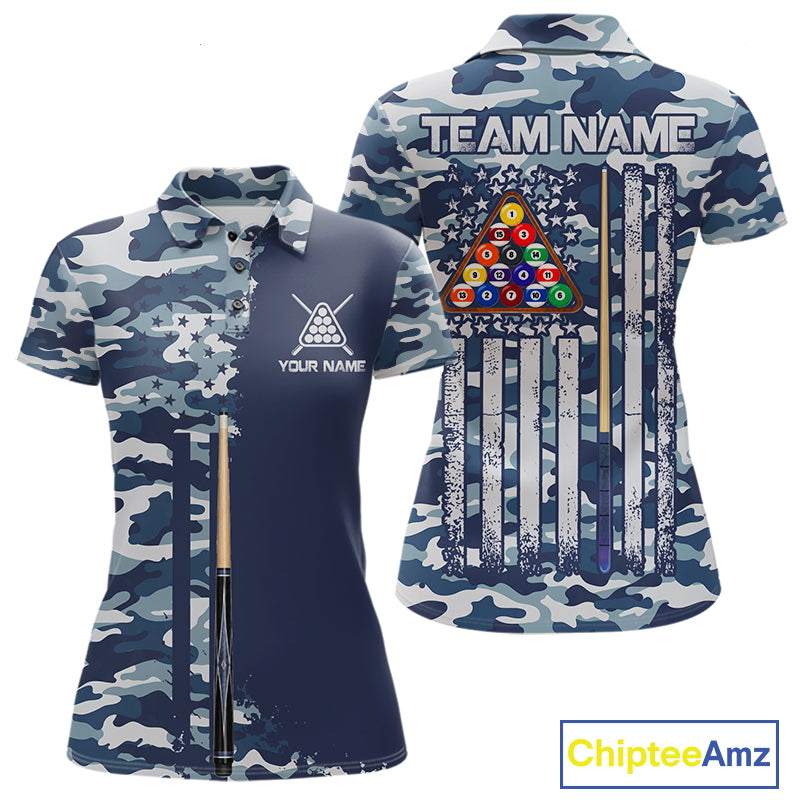 Navy Blue Camo Billiard Team Shirt For Women Custom Patriot US Flag Pool Team Billiard Jersey NYN4693