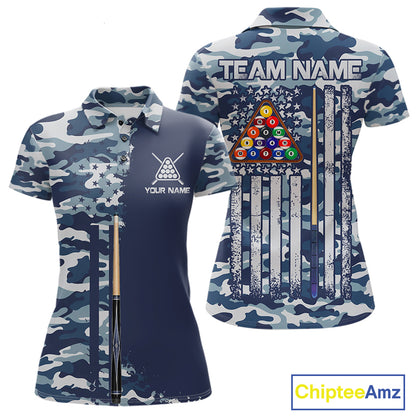 Navy Blue Camo Billiard Team Shirt For Women Custom Patriot US Flag Pool Team Billiard Jersey NYN4693
