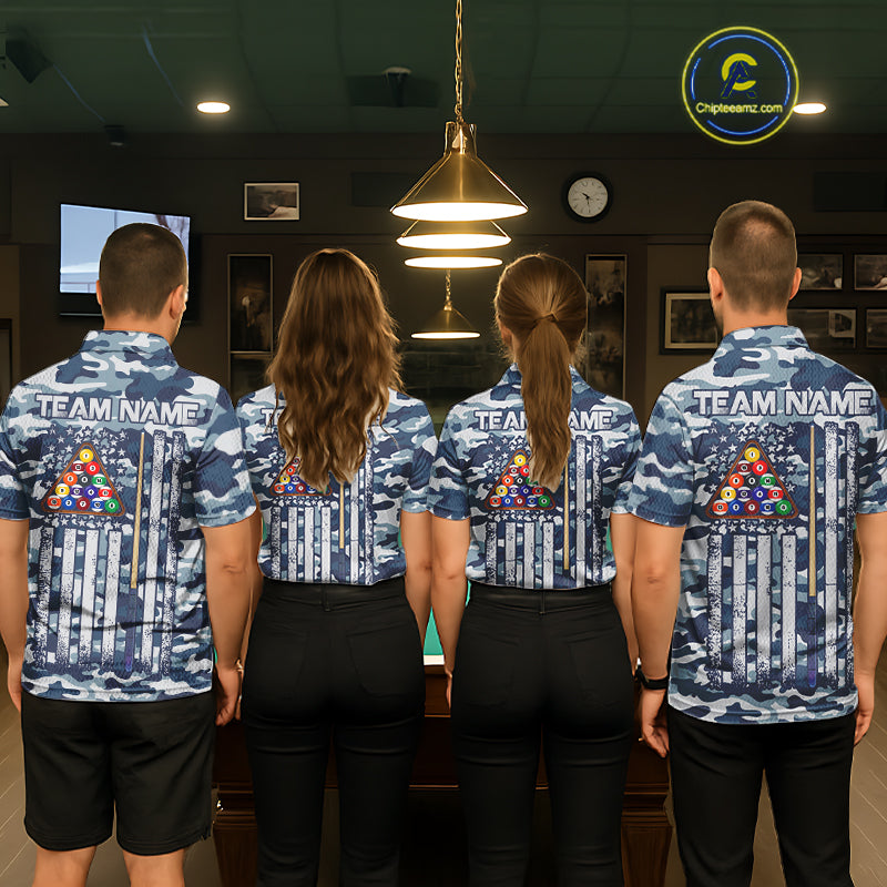 Navy Blue Camo Billiard Team Shirt For Men Custom Patriot US Flag Pool Team Billiard Jersey NYN4693