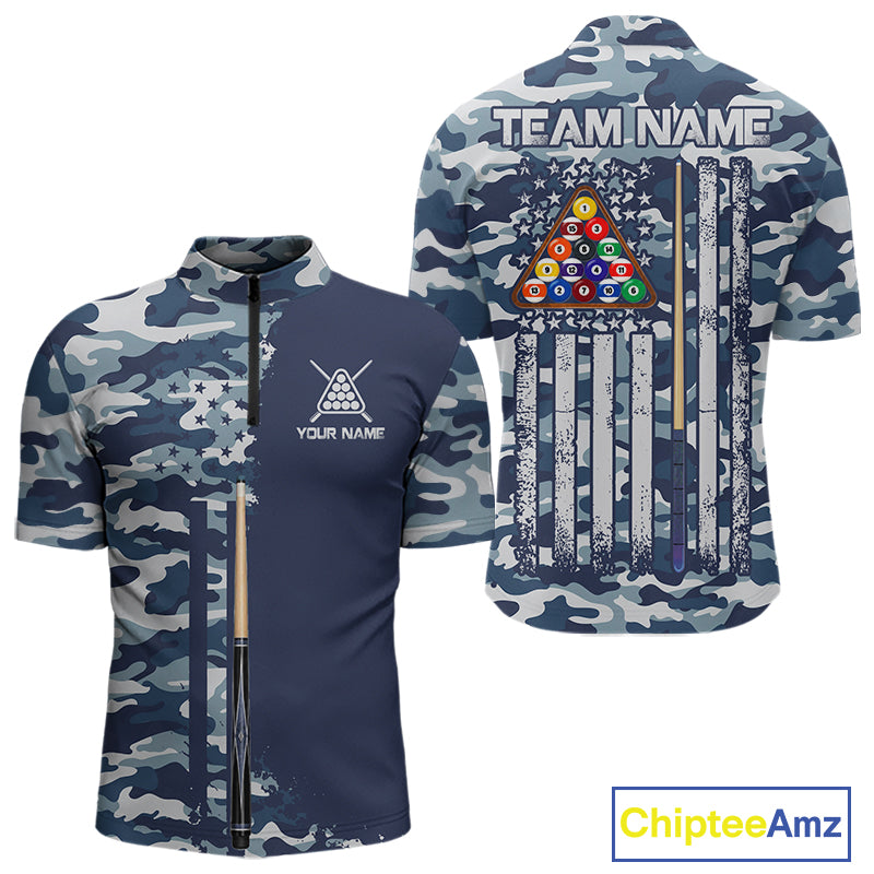 Navy Blue Camo Billiard Team Shirt For Men Custom Patriot US Flag Pool Team Billiard Jersey NYN4693