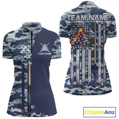 Navy Blue Camo Billiard Team Shirt For Women Custom Patriot US Flag Pool Team Billiard Jersey NYN4693
