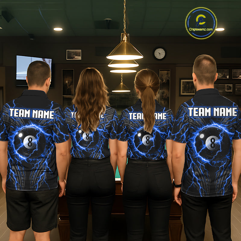 Blue Tribal Pattern Billiard 8 Ball Team Jersey Custom Thunder Lightning Billiard Shirt For Men NYN4694