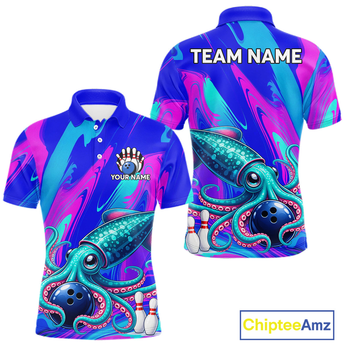Custom Funny Octopus Bowling Polo 1/4-Zip Shirt For Men Pink Blue Bowling Tournament Jersey NYN4699