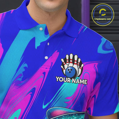 Custom Funny Octopus Bowling Polo 1/4-Zip Shirt For Men Pink Blue Bowling Tournament Jersey NYN4699