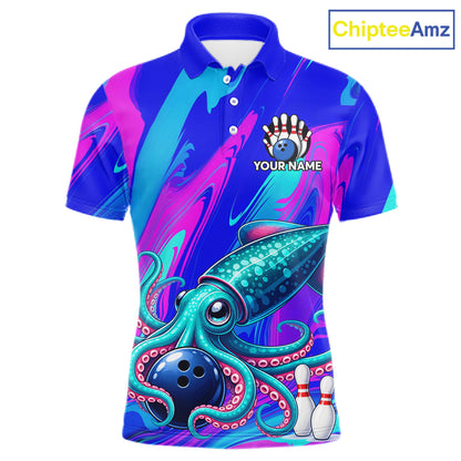 Custom Funny Octopus Bowling Polo 1/4-Zip Shirt For Men Pink Blue Bowling Tournament Jersey NYN4699