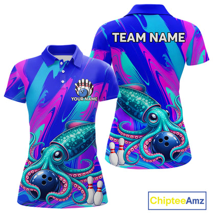 Custom Funny Octopus Bowling Polo 1/4-Zip Shirt For Women Pink Blue Bowling Tournament Jersey NYN4699