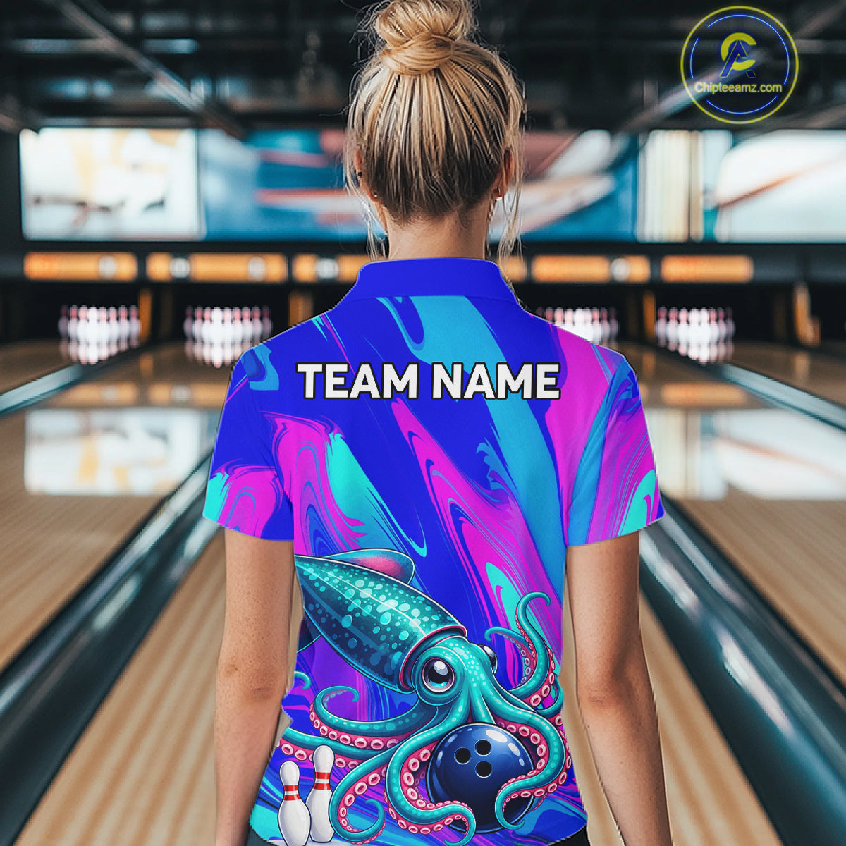 Custom Funny Octopus Bowling Polo 1/4-Zip Shirt For Women Pink Blue Bowling Tournament Jersey NYN4699